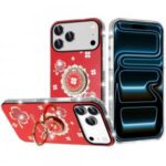 iPhone 18/17 Pro Splendid Glitter with Diamonds All Around Edges Ring Stand Case Cover Red